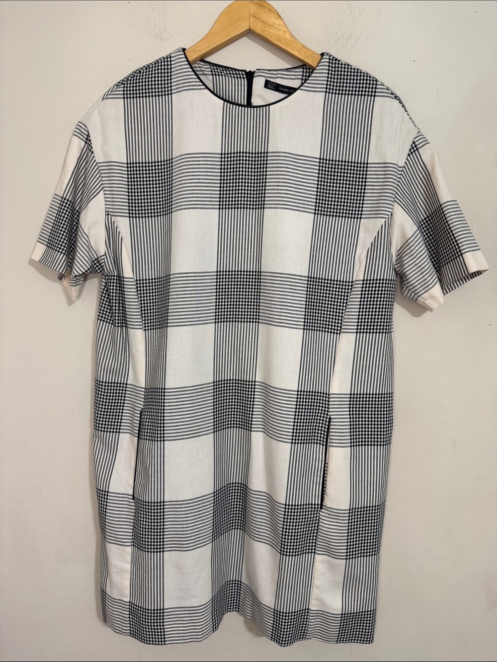 Zara Womens Check Plaid Shift Dress Ivory Black size M Career Old Money Classic